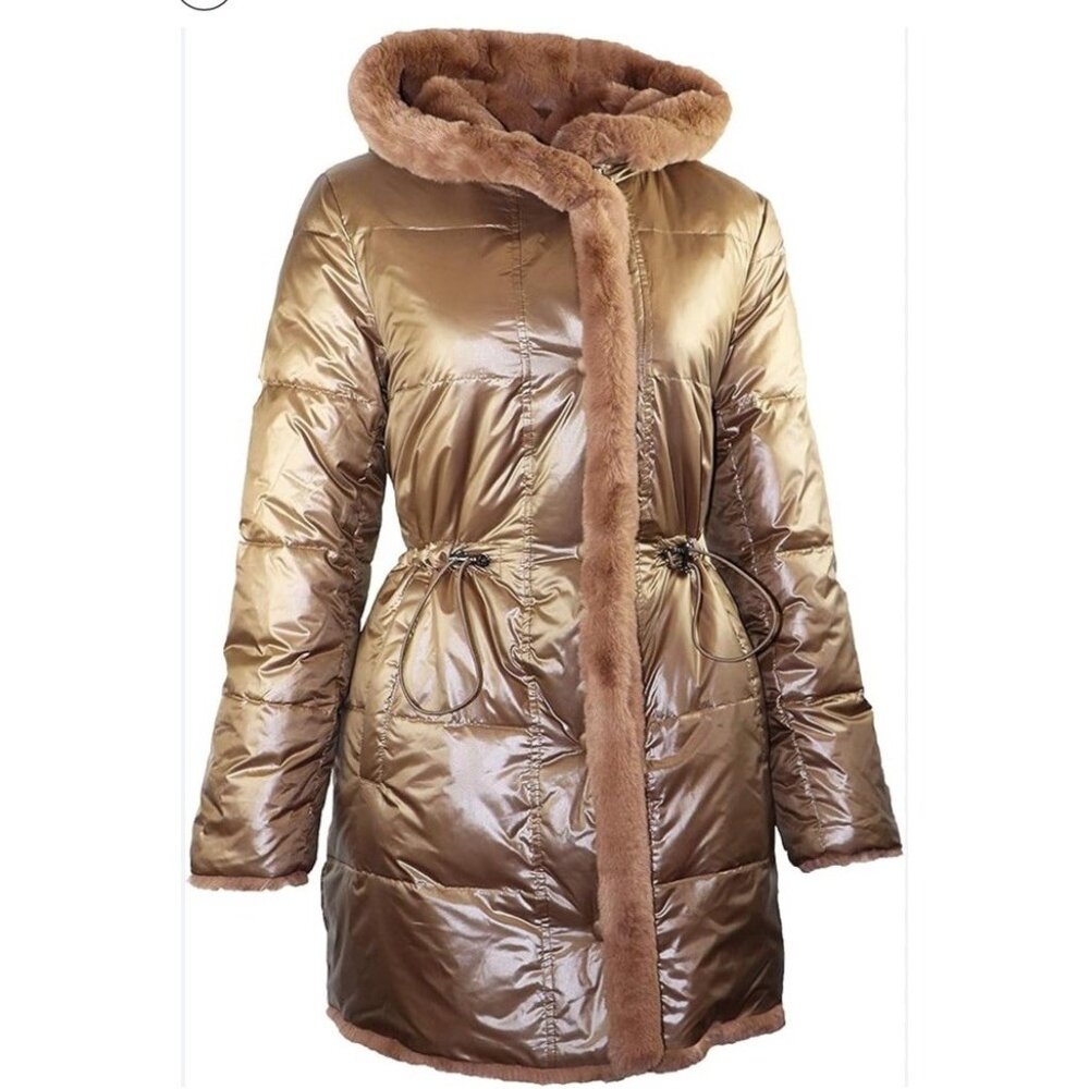 Diane von Furstenberg Brown Quilted Faux Fur Trim Reversible Coat Hood  Winter M